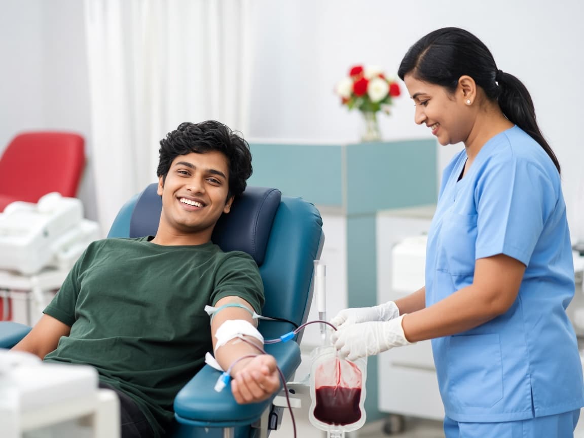 A smiling blood donor with a nurse at a donation center