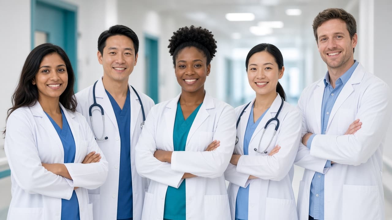 A team of doctors and nurses standing together in a hospital corridor